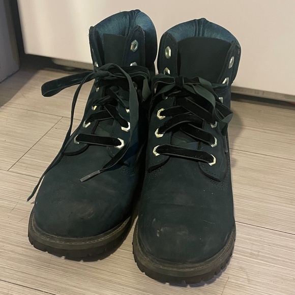 Green Suede Timberland Boots w/ Velvet Trim and Laces - Picture 3 of 6